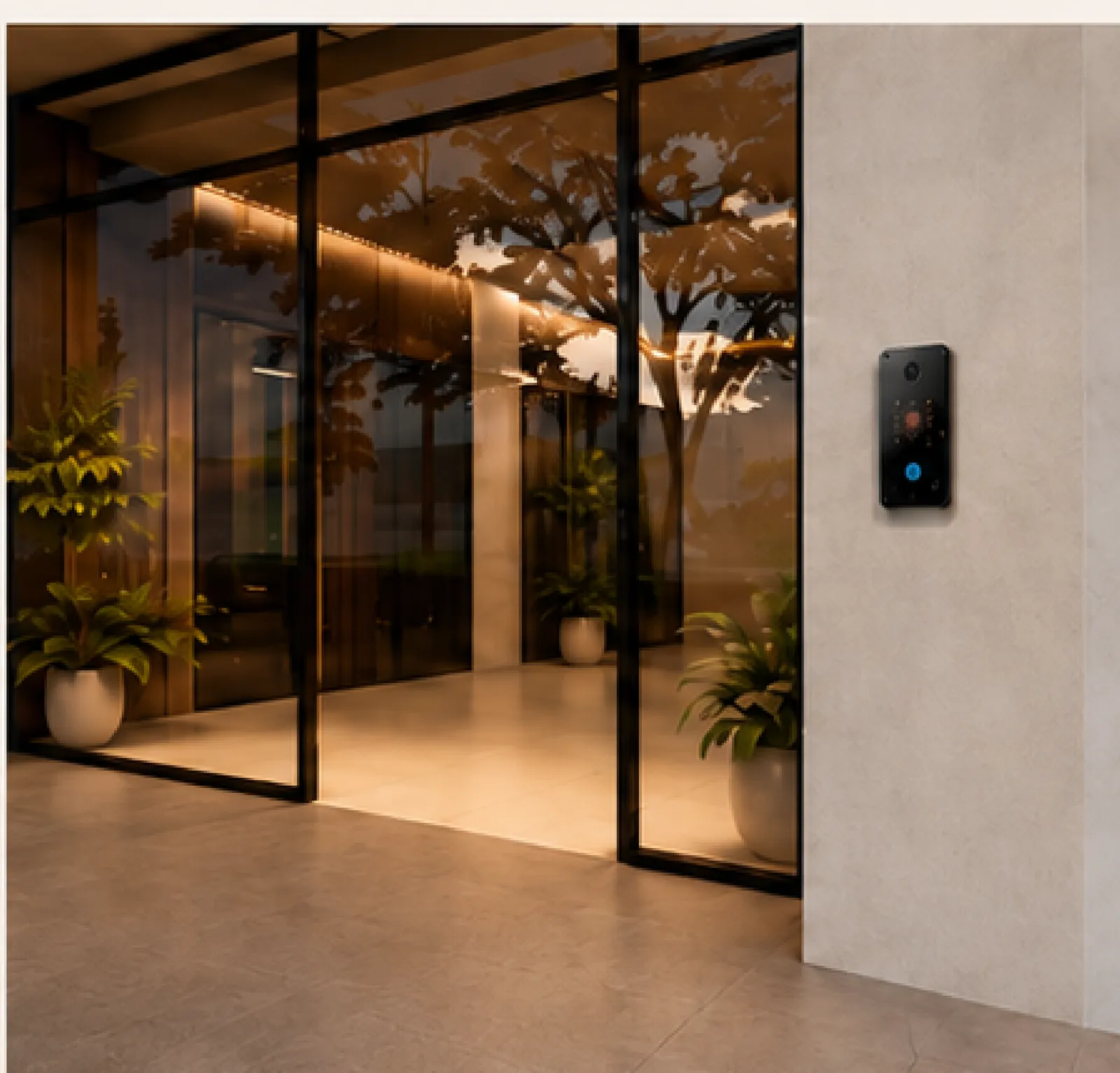 Electronic access reader beside the glazed lobby of an EVO building