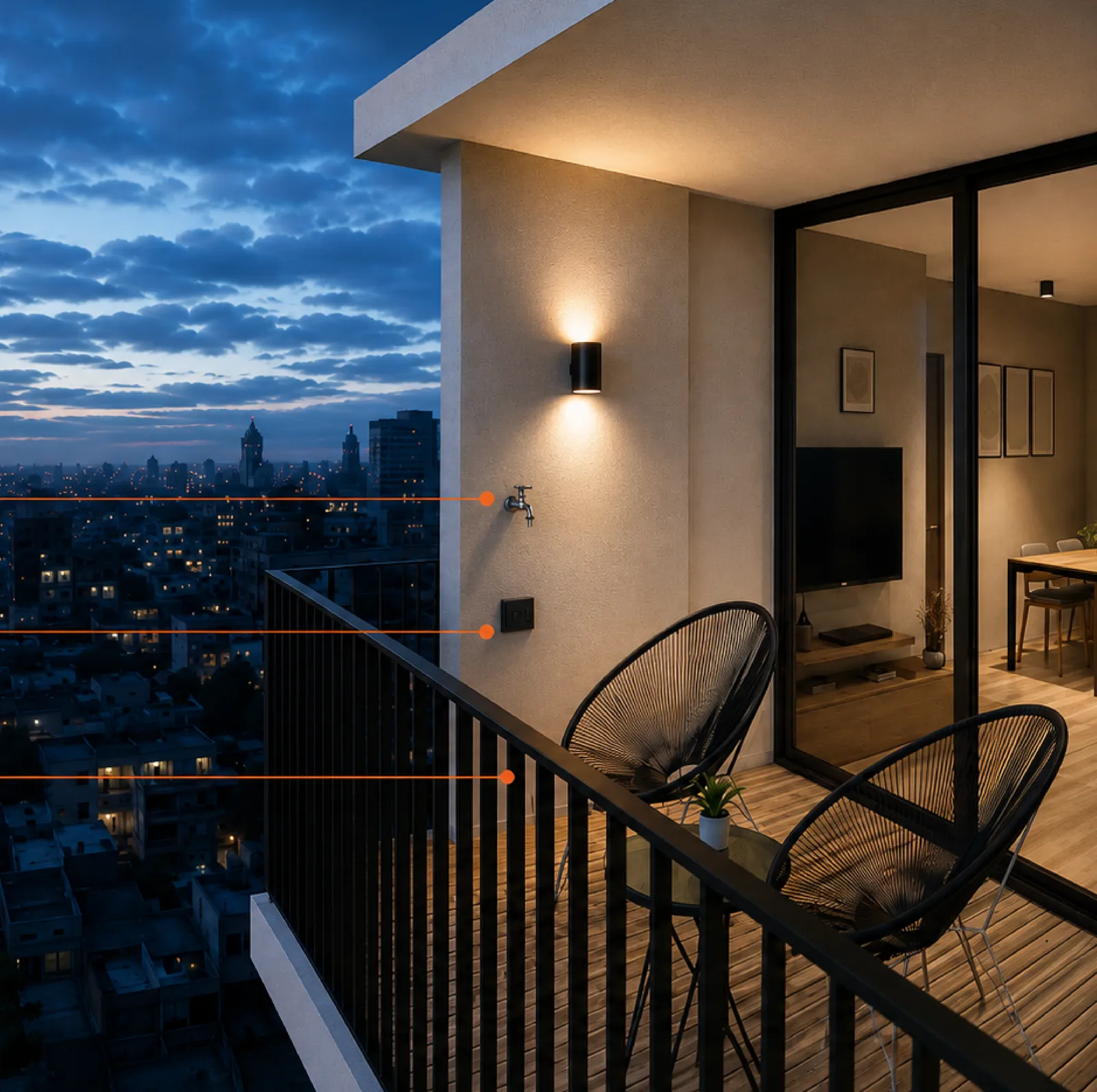 Balcony at night with the outdoor tap, power outlet and LED light marked