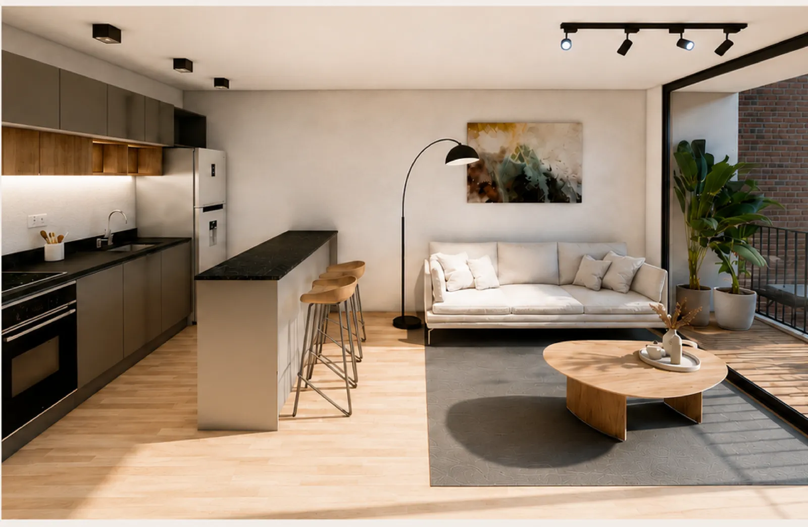 EVO Esencial kitchen with island and black granite countertop, open to the living room