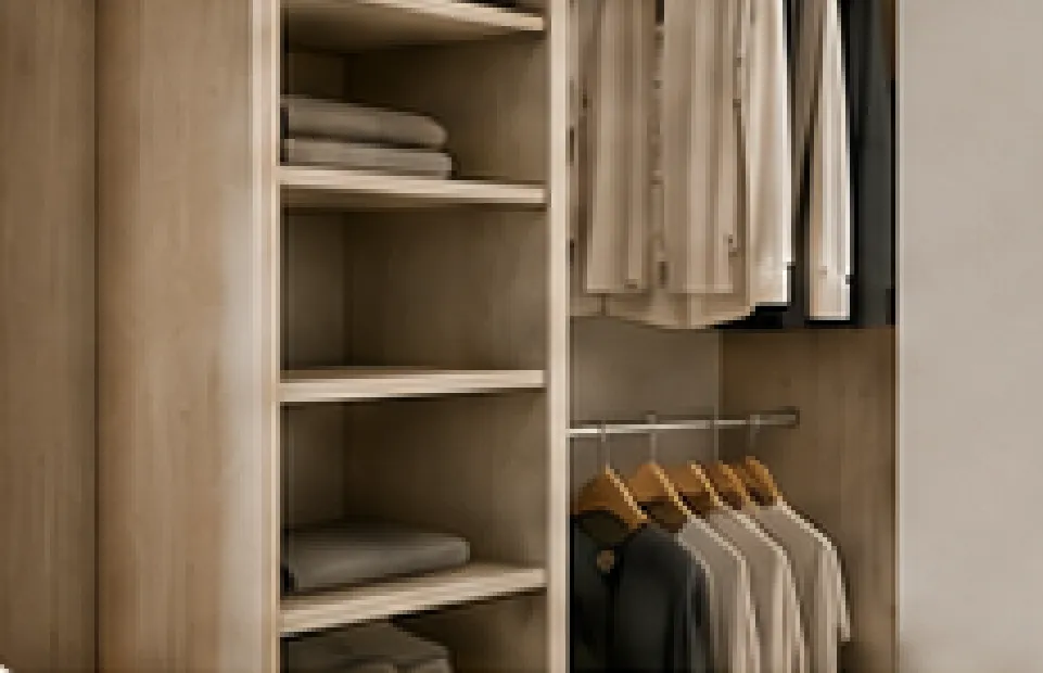 Wardrobe interior with melamine shelves and hanging rails