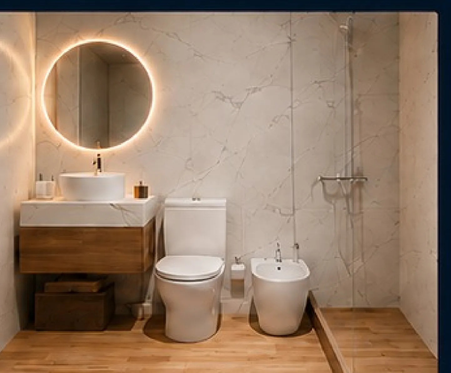 EVO Integral bathroom with a round LED-lit mirror and large-format shower