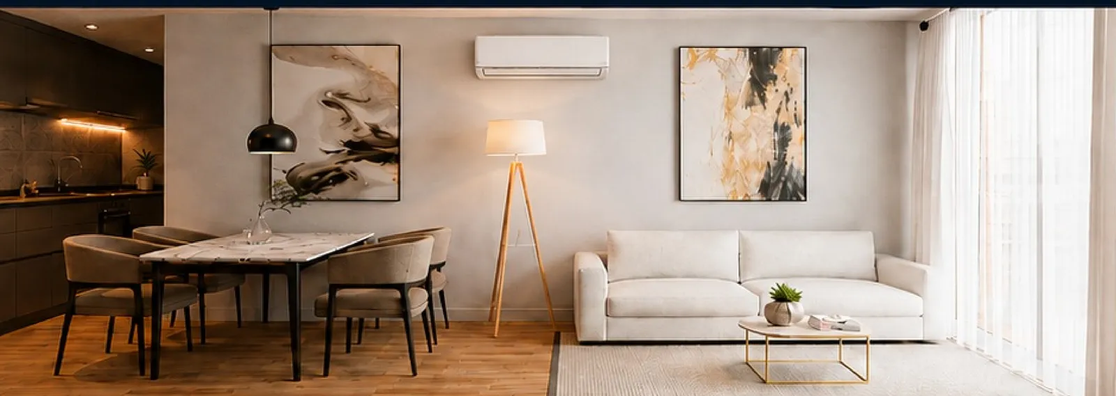 EVO Integral living and dining room with the air conditioning unit already installed