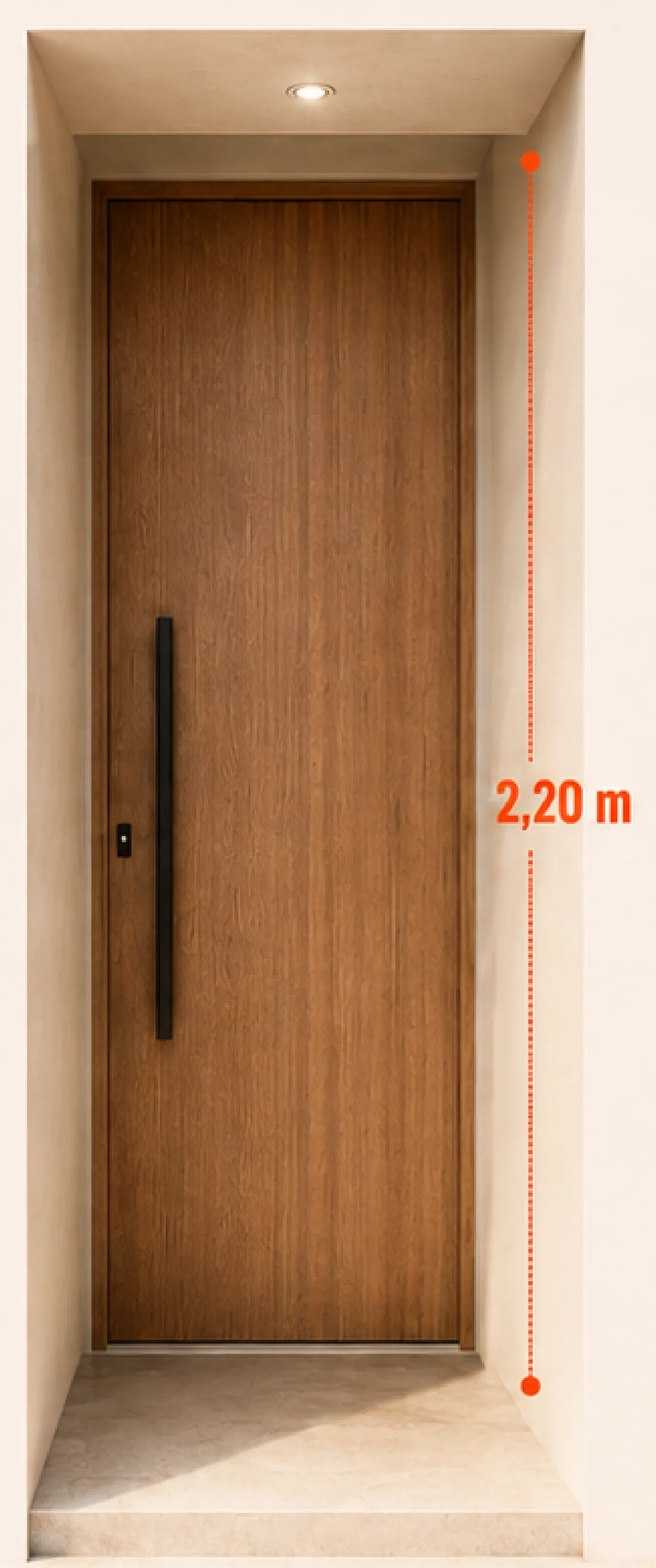 Wood-look entrance door 2.20 metres high, with the height marked