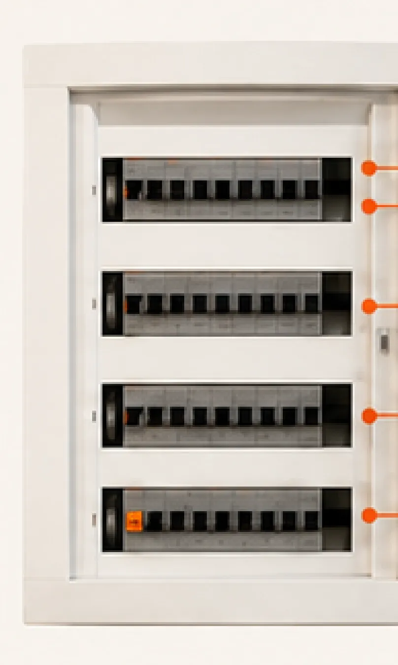 Open electrical panel with breakers arranged in four rows